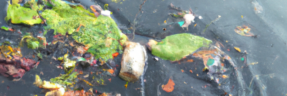 Agua contaminada color grisácea con restos de desechos orgánicos e inorgánicos (botella plástica verde y bolsa pequeña).