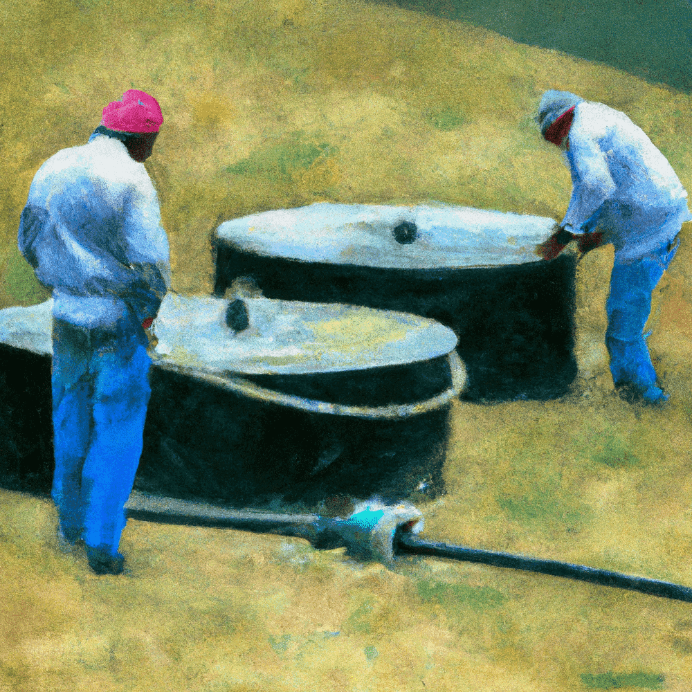 Pintura digital de dos hombres revisando dos fosas sépticas enterradas.