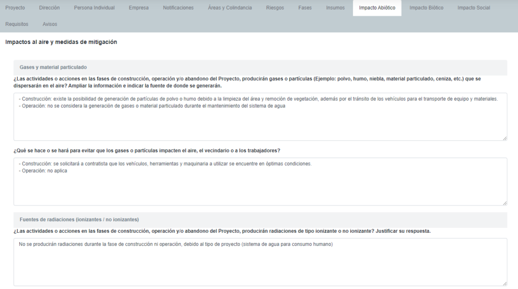 BIAWEB, Impacto abiótico, información solicitada para categoría C, ejemplo