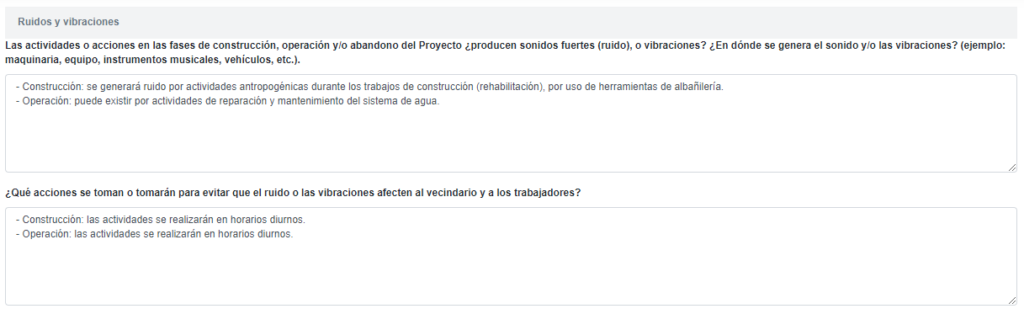 BIAWEB, Ruidos y vibraciones, información solicitada en categoría C, ejemplo