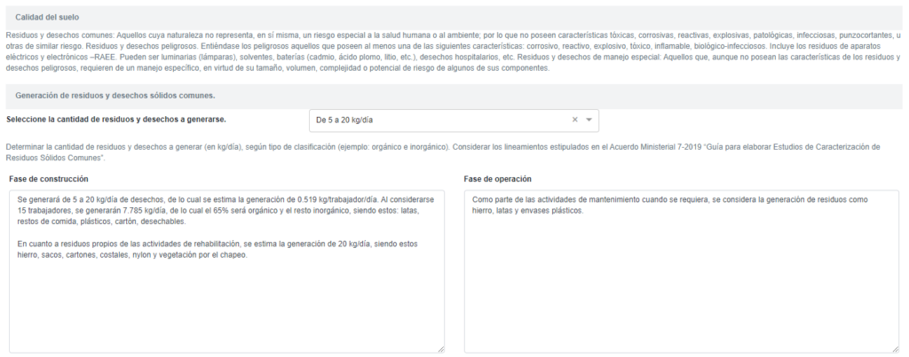 BIAWEB, Calidad del suelo, residuos sólidos comunes, información requerida en Categoría C