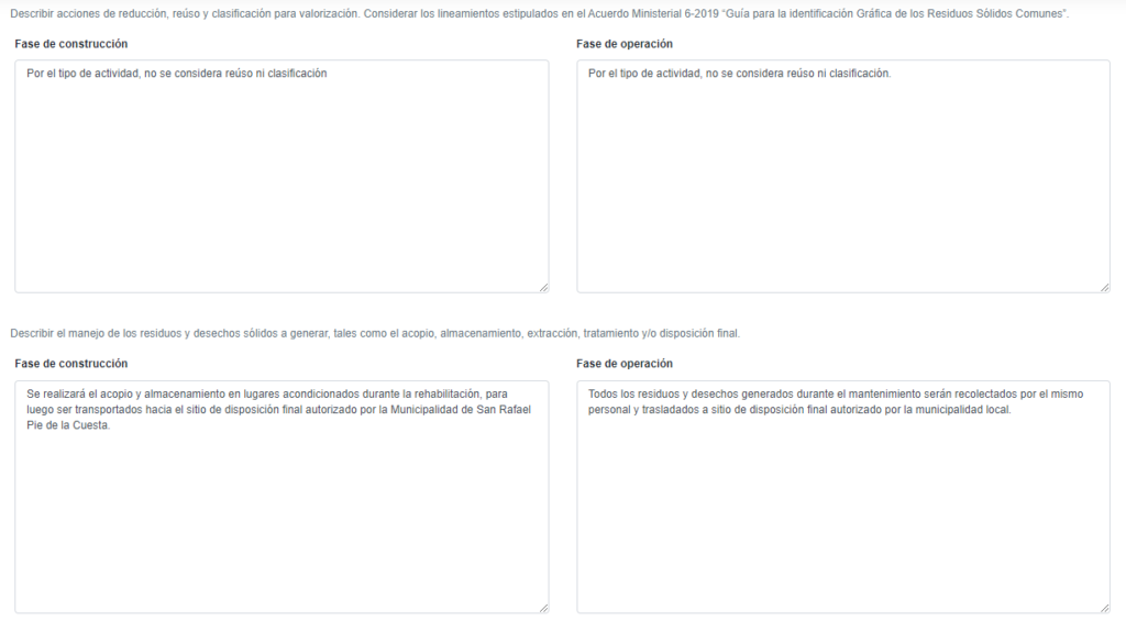 BIAWEB, Calidad del suelo, manejo y disposición de residuos y desechos sólidos comunes, ejemplo. Solicitud información para Categoría C