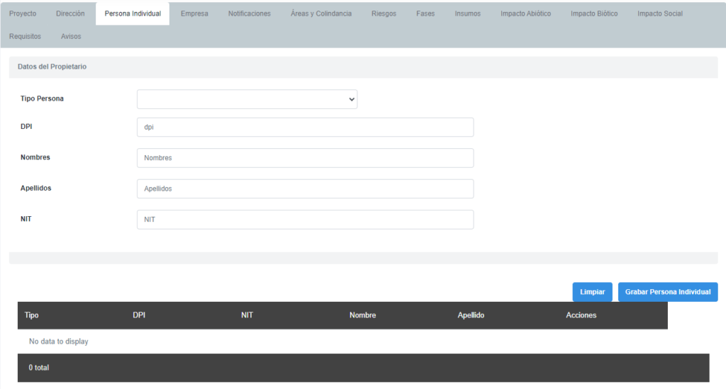 BIAWEB, datos del Proponente o Persona Individual