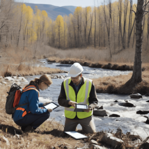 Dos personas en la ribera de un río tomando datos ambientales