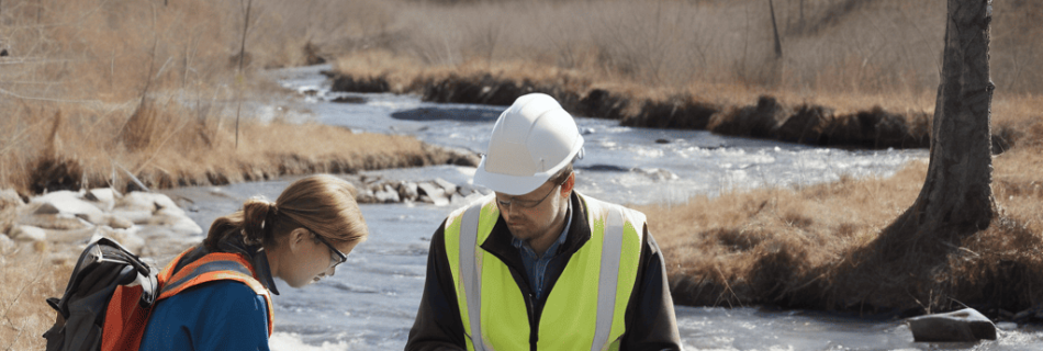 Dos personas en la ribera de un río tomando datos ambientales