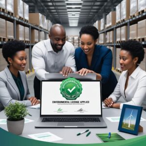 Personas sonriendo rodeando una computadora que posee un mensaje de cumplimiento de licencia ambiental (en inglés), dentro de una bodega de centro de distribución de productos varios.