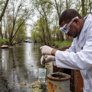 Persona realizando tomas de muestras y análisis cerca de un cuerpo de agua