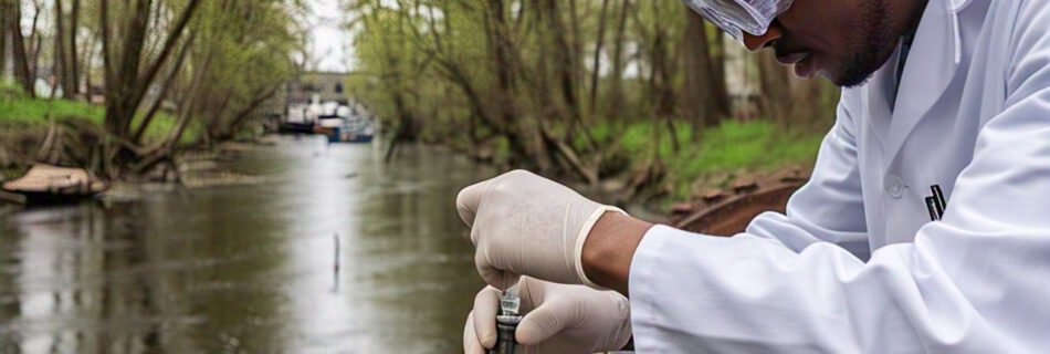 Persona realizando tomas de muestras y análisis cerca de un cuerpo de agua