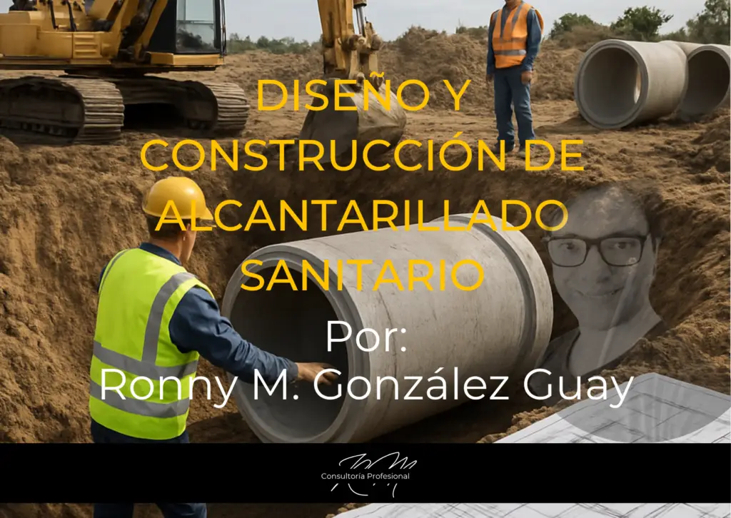 Imagen de tubería de concreto y hombres de construcción, con el texto: Diseño y construcción de alcantarillado sanitario