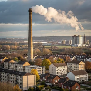 Chimenea de incinerador rodeada de viviendas y edificios